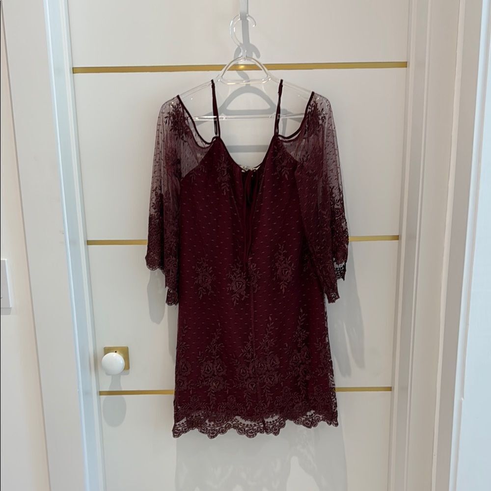 RAMONA LA RUE burgundy lace over chiffon off shoulder boho party dress S